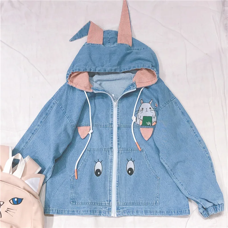 Японский Mori милые девочки с капюшоном заячьими ушками) джинсовая куртка