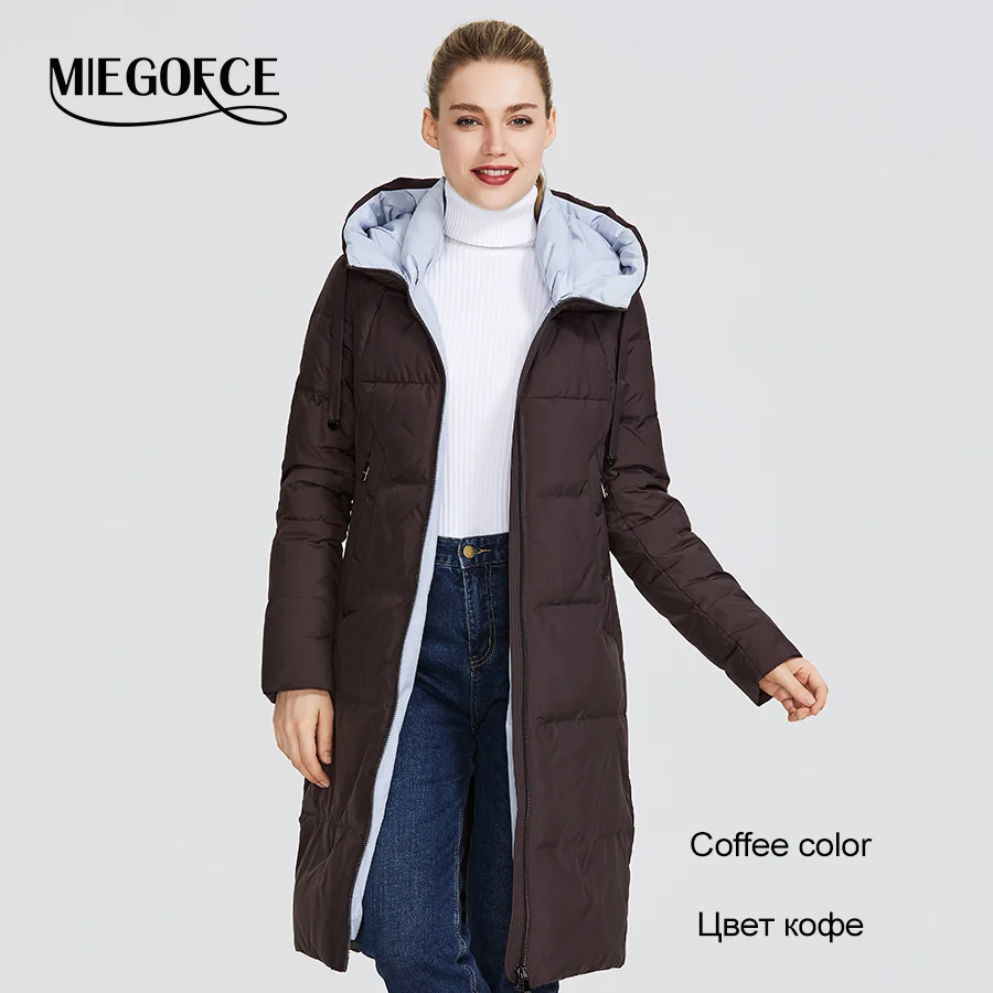 MIEGOFCE Новая зимняя женская коллекция курток средней длины теплое пальто с капюшоном европейский и американский стиль на открытом воздухе придает тепло и придает элегантность - Цвет: 008 Coffee color