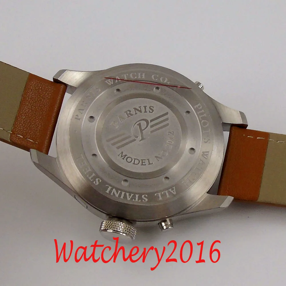 

PARNIS Hollow Dial Round Big Mechanical Men Wrsitwatch Date Week Leather Band ST Movement