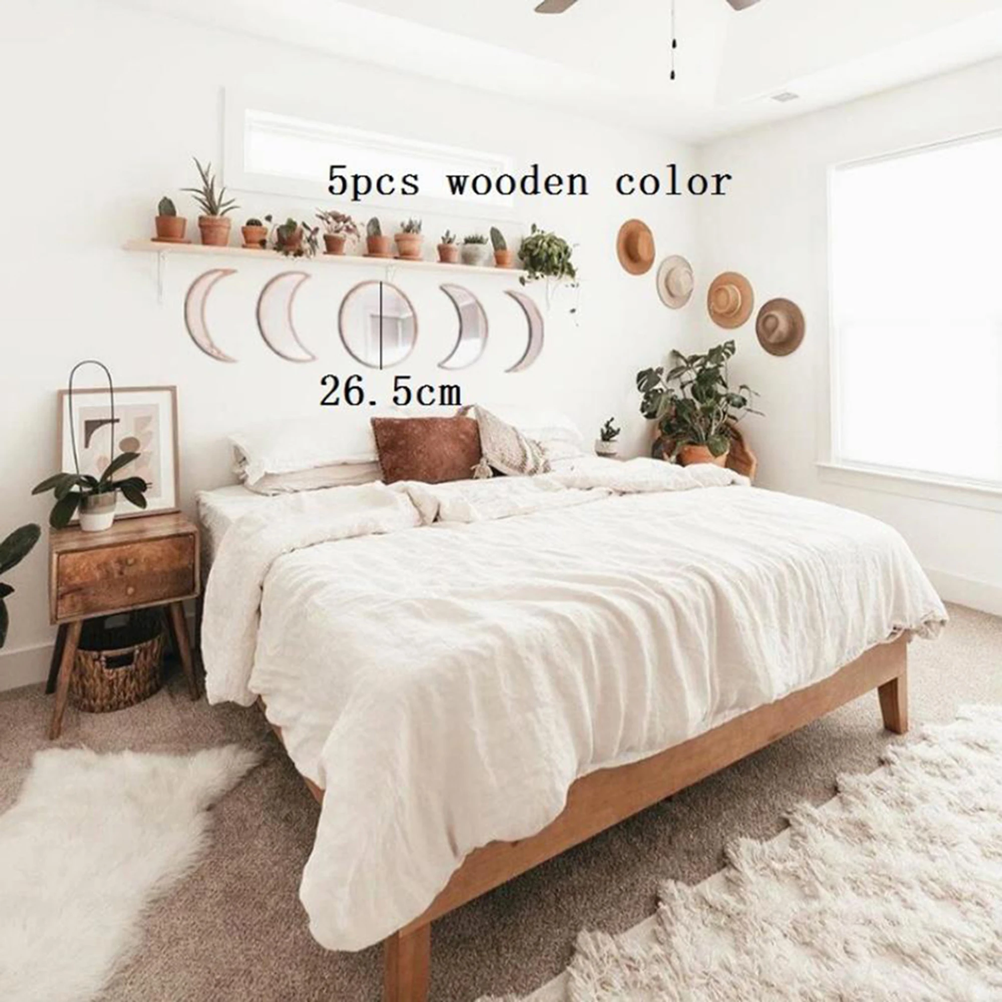 

Faroot 5Pc Wooden Acrylic Moon Mirror Moon Shape Cycle Variation Decorative Wall Mirror Creative Bohemian Mirror Self Adhesive