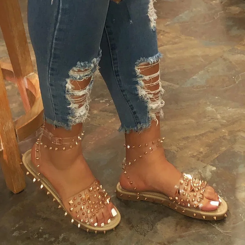 Sfit 2020 женские сандалии на плоской подошве летние открытые с заклепками удобная