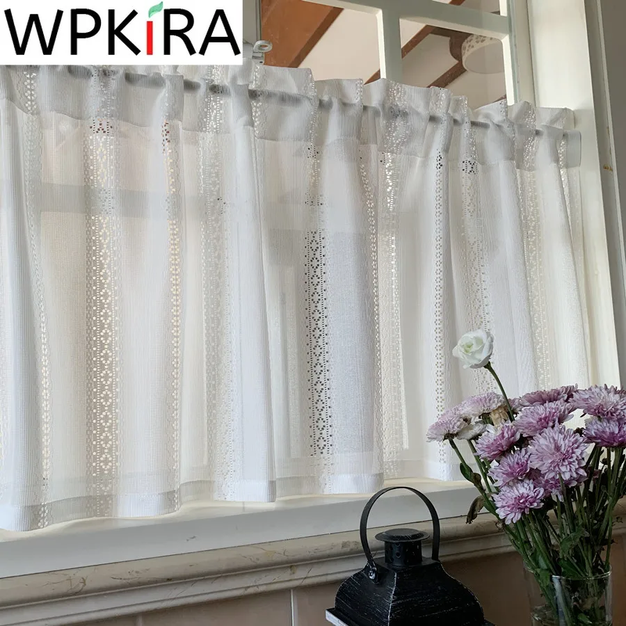 

White Stripes Short Curtain Hollow Jacquard Voile Half-curtains for Kitchen Loft Partition Door Window Drapes Patio Decor ZH342E