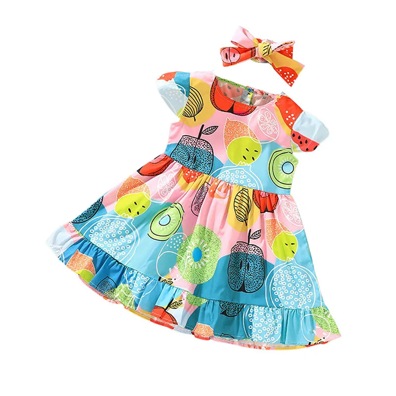 

Baby Clothes Summer Girl's Dress Multicolor Fruit Print Round Neck Short Sleeves Frilly A-Line Skirt Children's Clothing Set