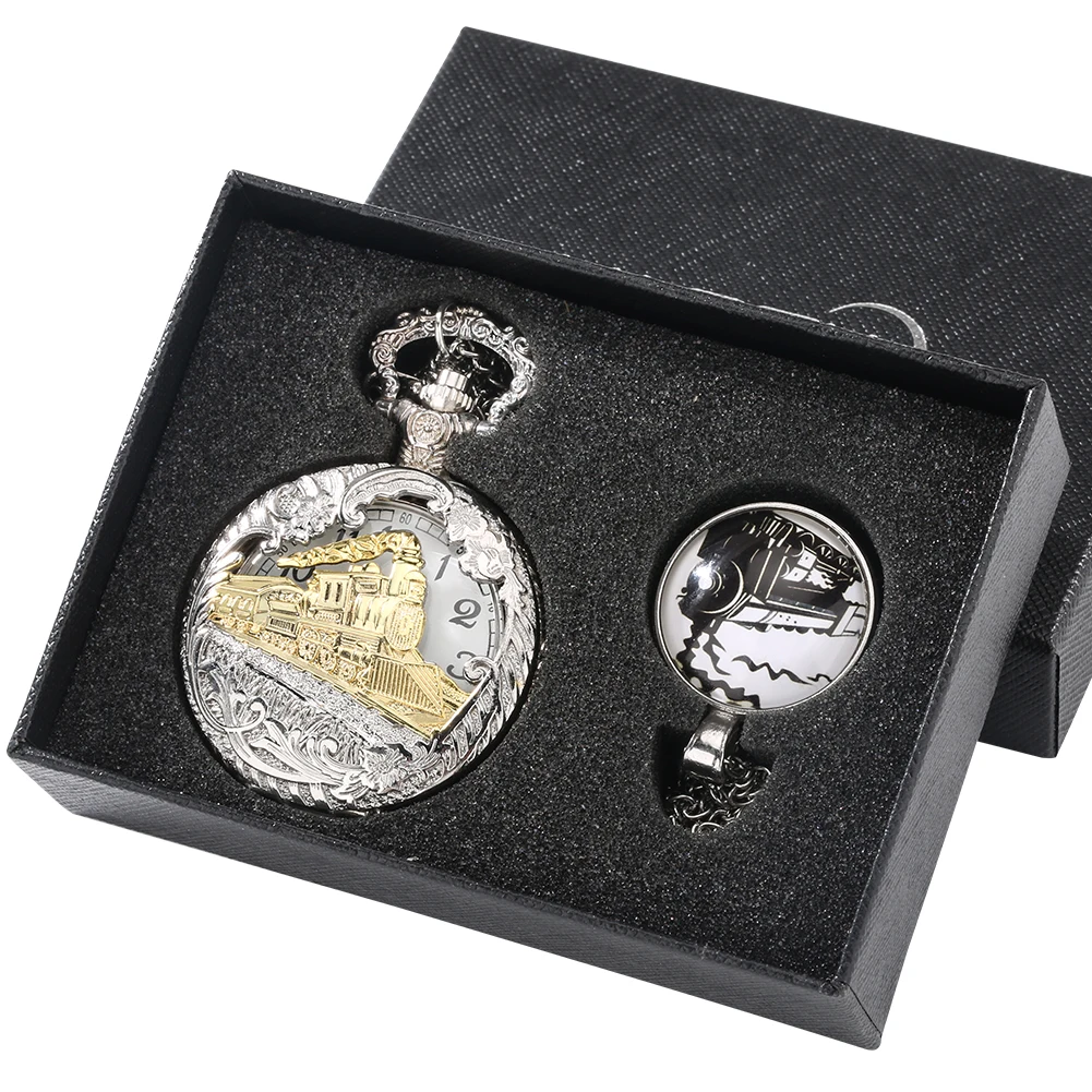 Fashion Train Design Case Quartz Pocket Watch Silver Pendant Necklace Chain Gift Sets with Gift Box for Friend