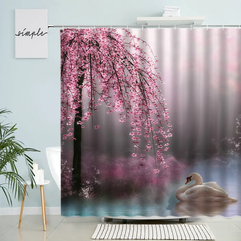 

Pink Dream Scenery Shower Curtain Romantic Flower Swan Elegant Spring Girl Bathroom Decor With Hook Waterproof Polyester Screen