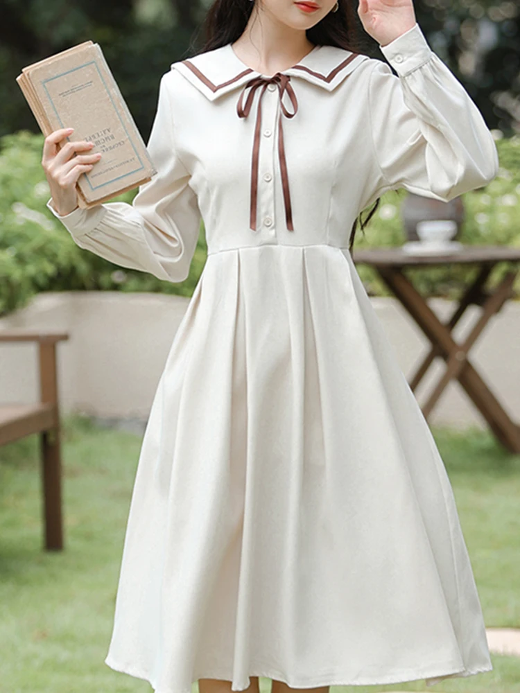 

Autumn Female Clothing 2021 Preppy Style French High-Waisted Sailor Collar Bow Long Sleeve Dress Women Vintage Fairy Midi Dress