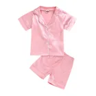 Детская Пижама, Летняя шелковая атласная однотонная одежда для сна с принтом, топ и брюки, одежда для сна с коротким рукавом, пижамный комплект для девочек и мальчиков, Детская Пижама