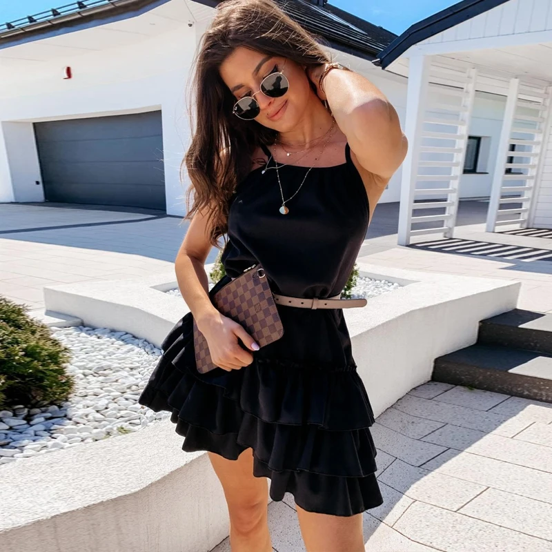 Женское пляжное платье на бретелях спагетти однотонное свободное