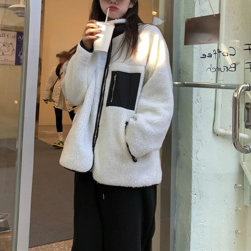 

Плотное пальто из овечьей шерсти с воротником-стойкой, зимняя теплая свободная хлопковая одежда на молнии для женщин