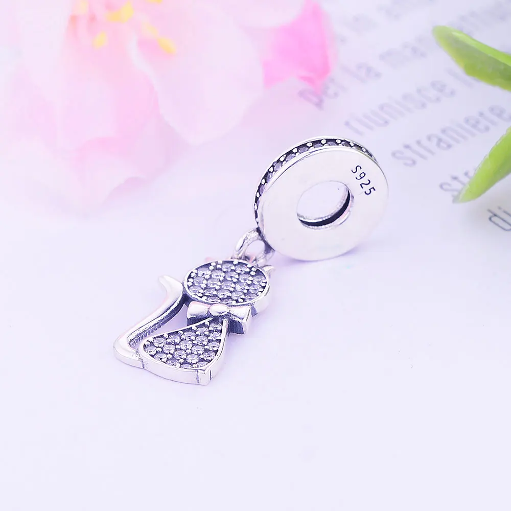 925 стерлингового серебра милое животное кошка очарование бисера с прозрачными
