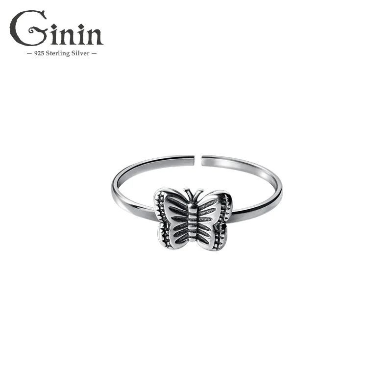 

Ginin 925 Sterling Silver Ring Women Korean-Style Insect Retro Thai Silver Butterfly Open Adjusted Sweet Elegant Finger Jewelry
