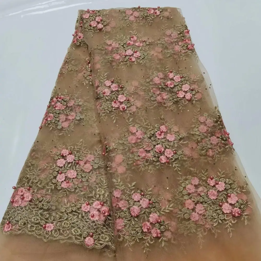 

African Beaded Lace Fabric 2020 High Quality French Lace Fabric Lace Material glod pink Nigerian Tulle Mesh Lace Fabrics FW1020