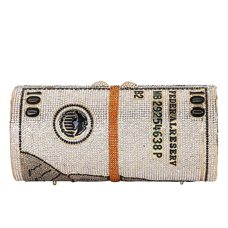 

New 2020 Internet Celebrity Diamond Studded By Hand High-End Cylinder A Bundle of US Dollar Clutch Evening Dress Shoulder Bags
