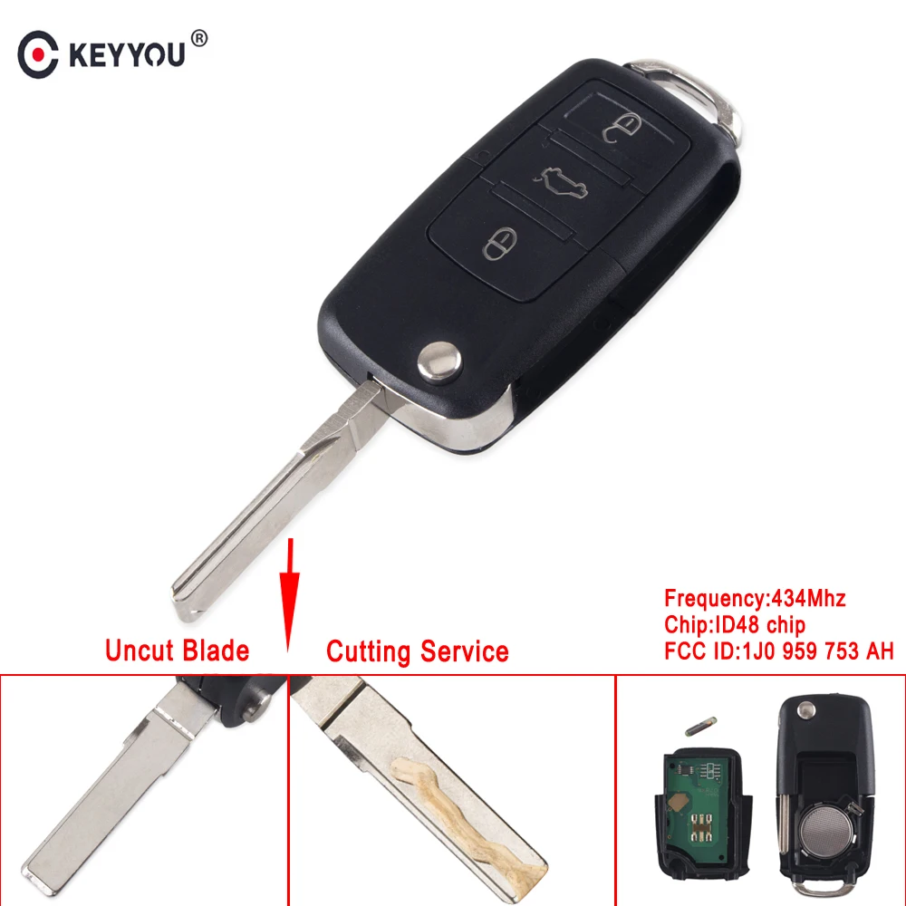 KEYYOU 3 Кнопка складывания удаленное 434 МГц ID48 чип для VW Volkswagen Beetle Golf Passat Polo FCCID 1J0 959 753