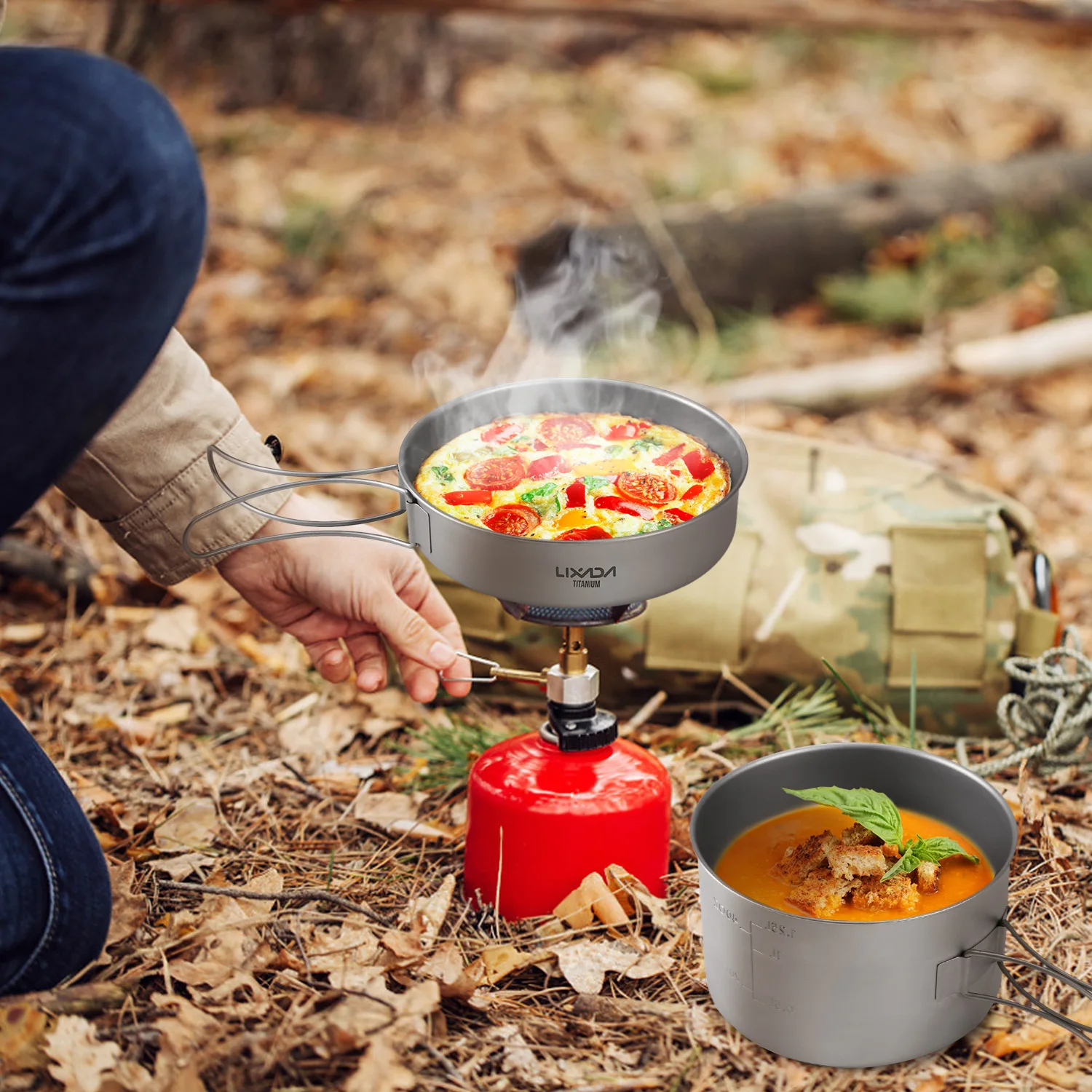 

Lixada Titanium Bowls Camping Cookware Set Camping Pot Outdoor Pan Outdoor Cooking Tableware with Foldable Handles Mesh Sack