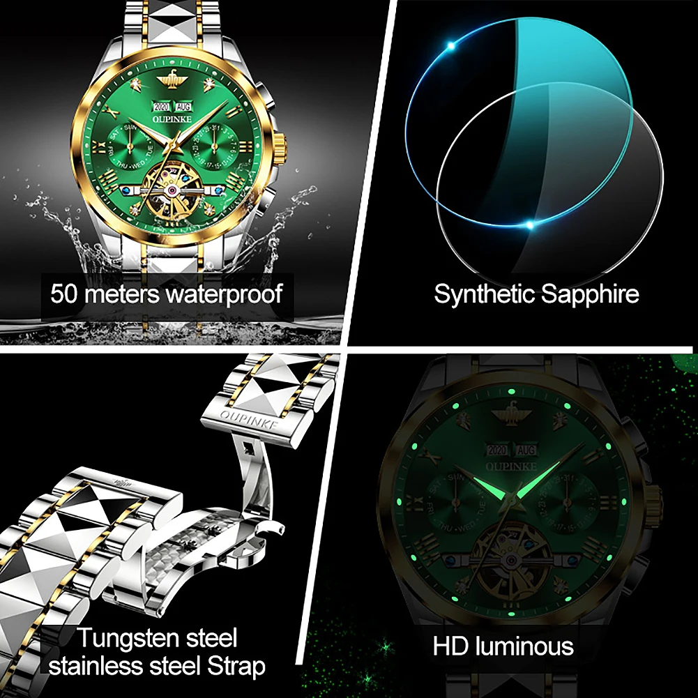 

OUPINKE Men's Tourbillon Automatic Mechanical Watch Deep Waterproof Tungsten steel Strap Sapphire Mirror Men Wristwatch