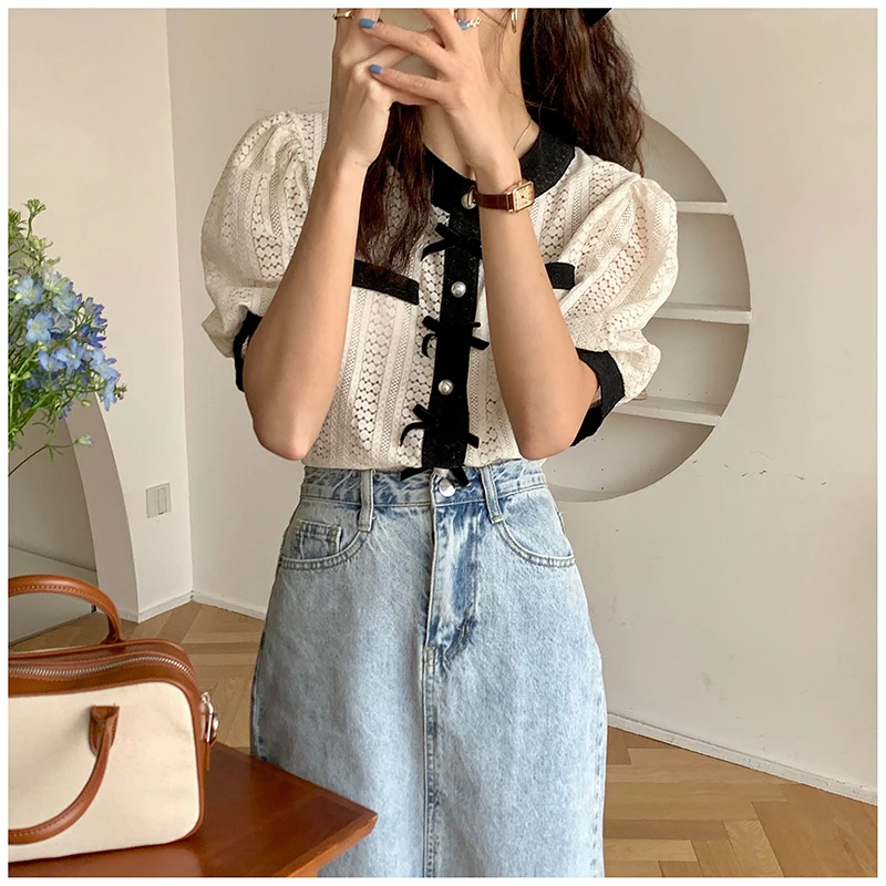 

HziriP New 2021 Summer Korean Lace Elegance Thin Brief Gentle Shirts Office Lady Stylish Femme Loose Sweet Chic Women's Tops