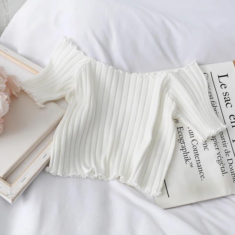 

Women T-shirts Off Shoulder Knitting Crop Tops Women Short Sleeve Stretchy Ruffles Hem T-shirts Summer Tops For Women