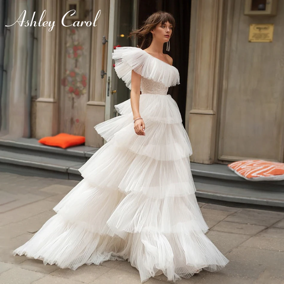 Свадебное платье на одно плечо Эшли Карол 2021 Vestido De Noiva Многоярусные оборки тюль