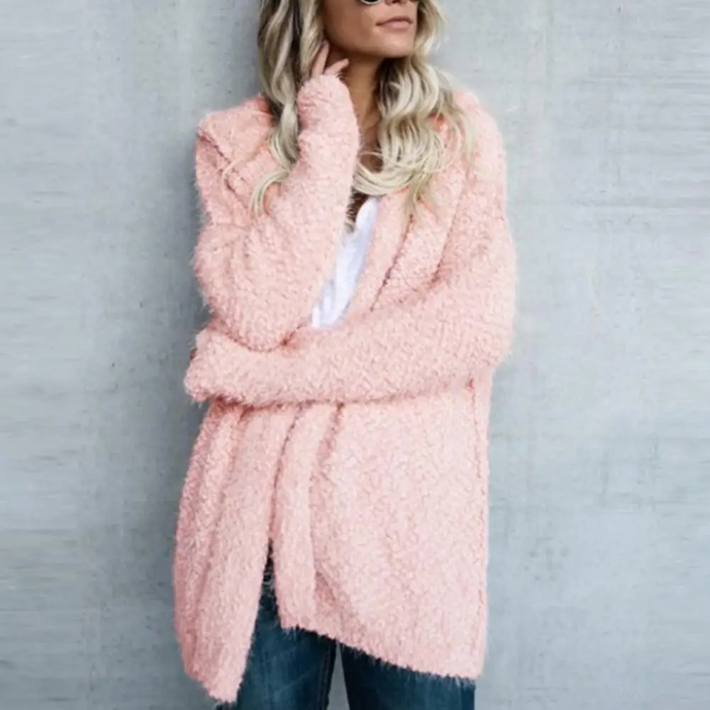 Осенне-зимнее пальто женский свободный однотонный кардиган с капюшоном вязаная