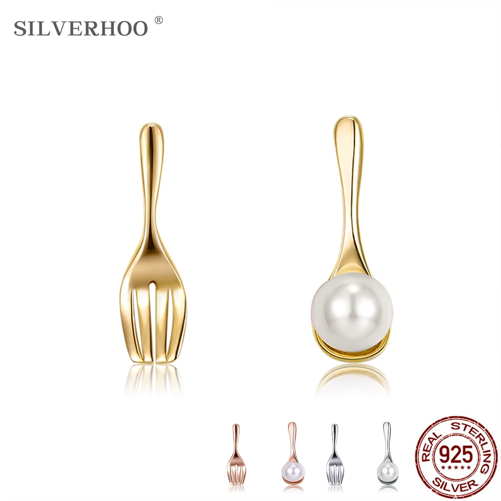

SILVERHOO 925 Sterling Silver Fork & Spoon Asymmetry Shell Pearl Earrings For Women Gold Color Tiny Stud Earring Fine Jewelry