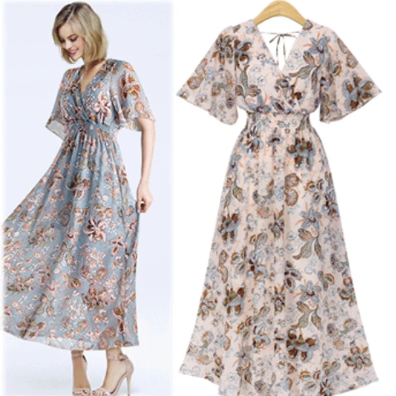 Женское шифоновое платье макси с V образным вырезом и коротким рукавом|Женские