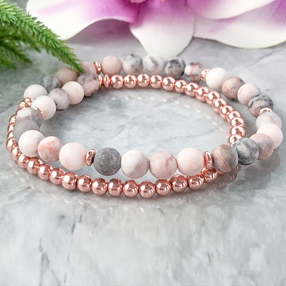 Браслет из розовых яшм и гематита длиной 4 мм, украшенный камнями в стиле бохо, снимающий тревогу и подходящий для надевания в качестве стопки.