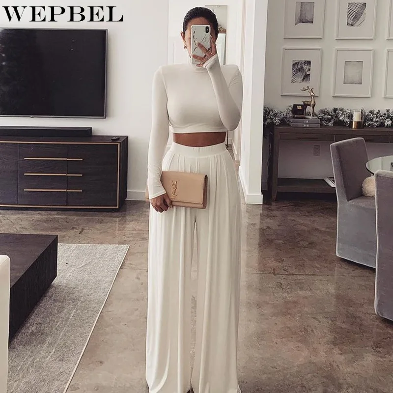 

Женский элегантный укороченный топ WEPBEL с высоким воротником и широкие брюки с высокой талией, комплект из двух предметов, женский спортивны...