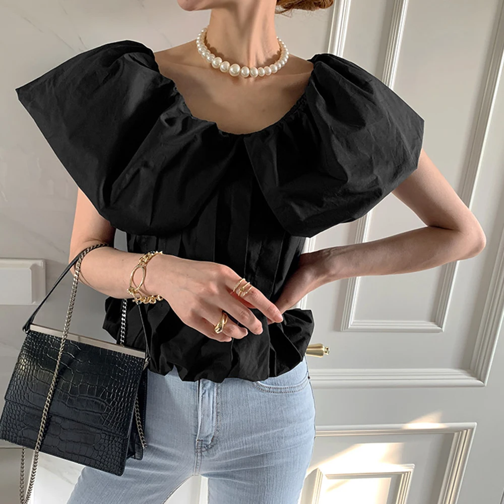 

2021 Summer New Japanese Style Fashion Solid Color Round Neck Flying Sleeves Blouse Simplicity Temperament Casual Women's