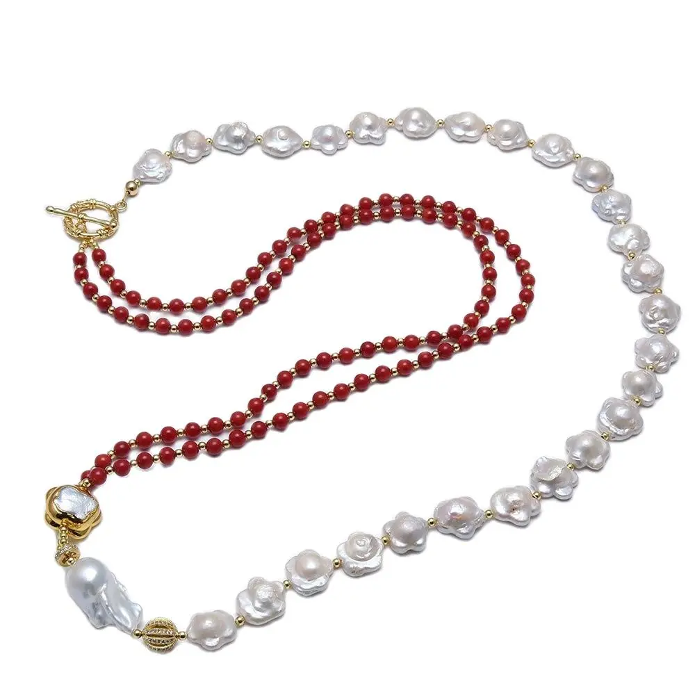

GG Jewelry Natural White Keshi Flower Pearl Red Corals CZ Pave Baroque Pearl Sweater chain Long Necklace Handmade For Women