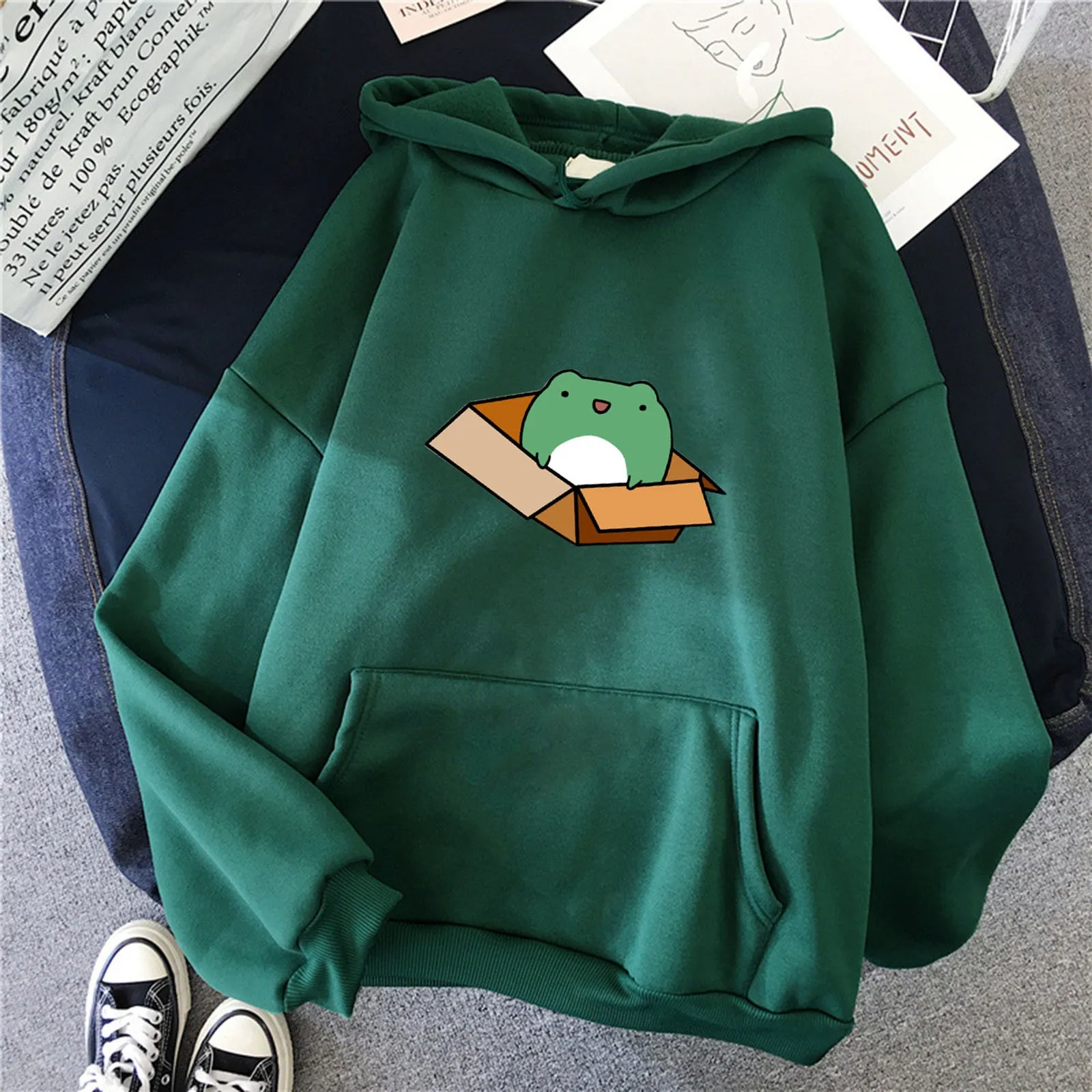 Harajuku Winter Fashion Women Hooded Printed Sweatshirt Long Sleeve Casual Pullover Shirt with Pockets Oversized Top Pullover