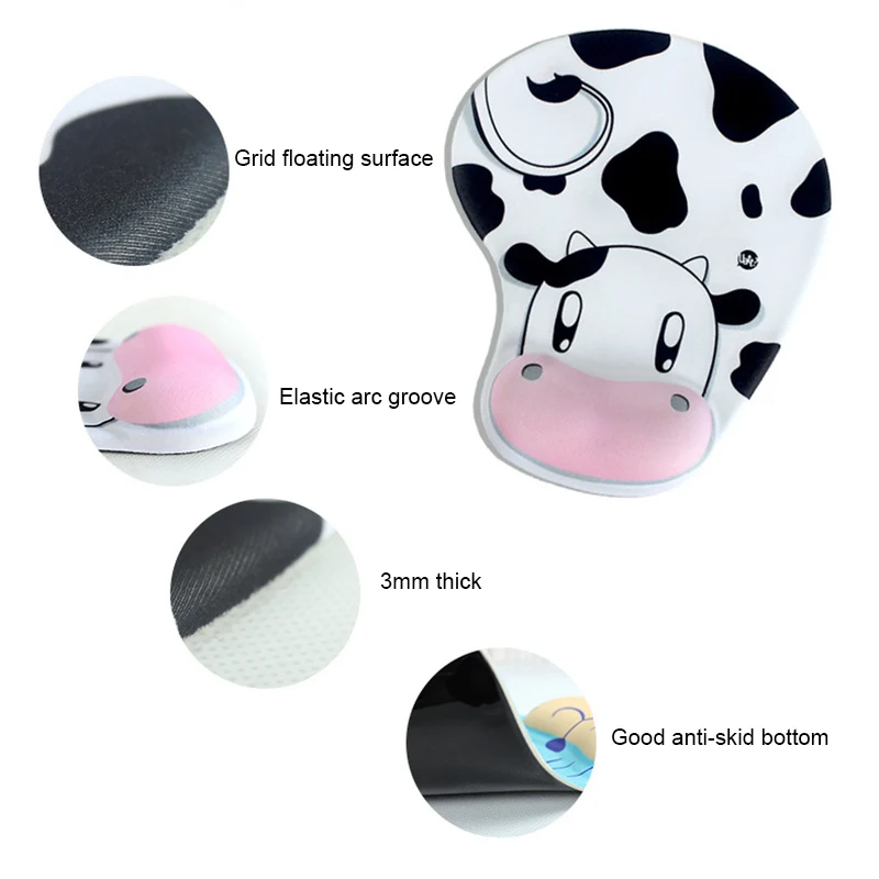 

Mouse Pad with Wrist Support Cartoon Cute Cow Animal Silicone Wrist Comfortable Anti Slip Cartoon Anime Color Mouse Pad