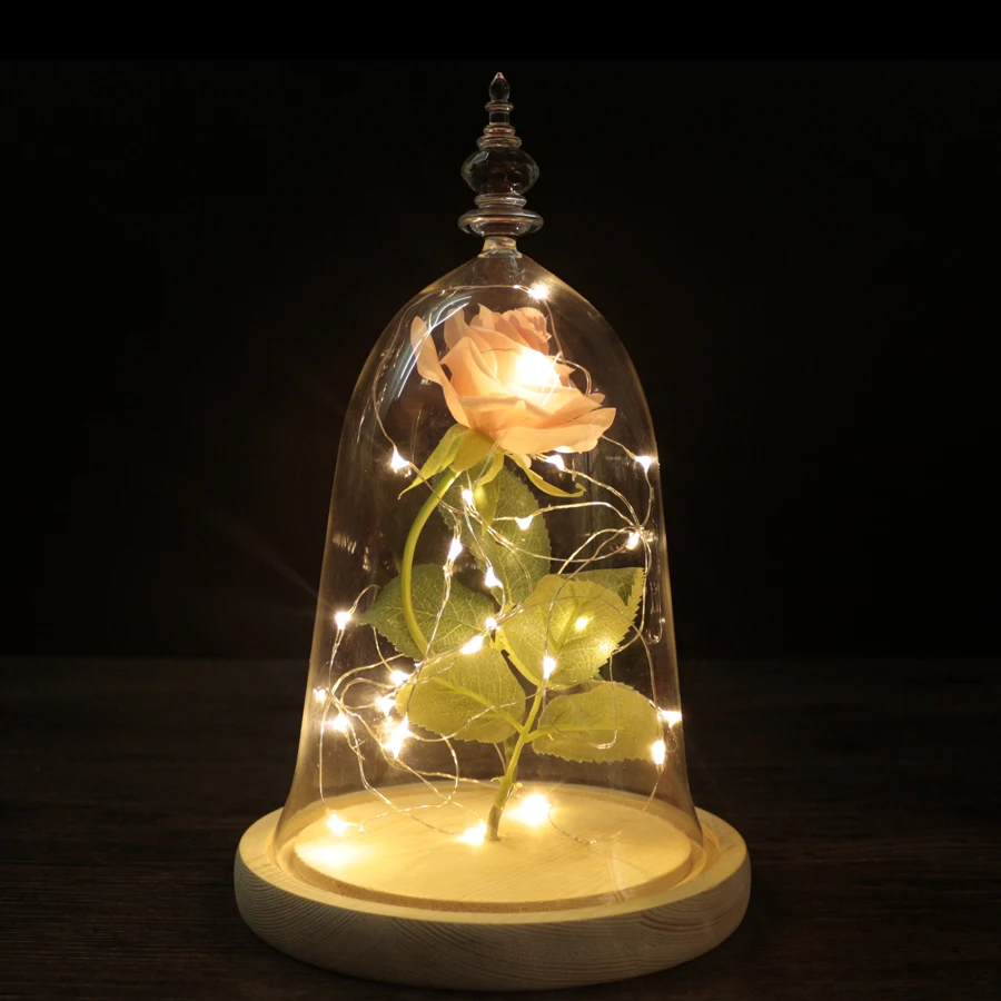 

Beauty and the Beast Red Rose in Glass Dome Wooden Base With LED Light Valentine's Day for Girl Friend Gift Home Decoration