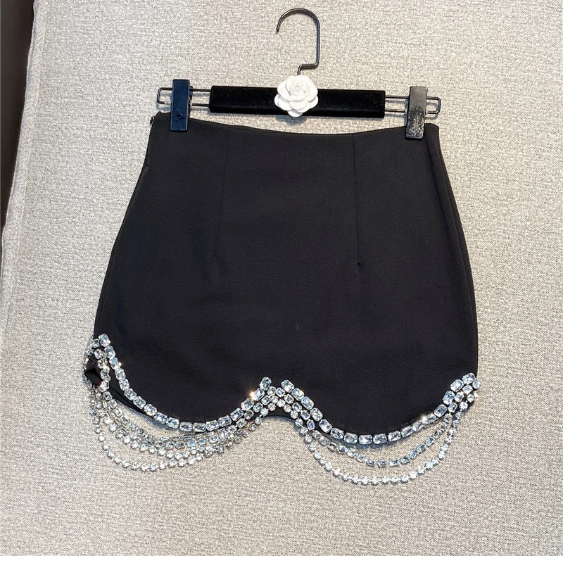 Black Mini Skirts Women New All-Matching Rhinestone Edging Temperament Slimming Skirt Summer 2021 Slim Fit