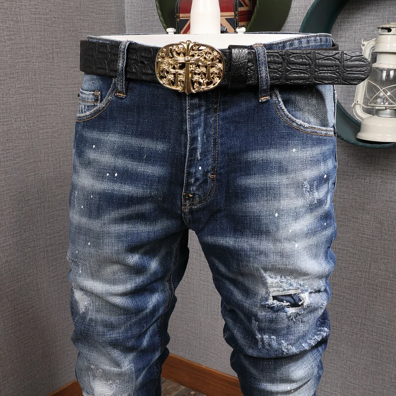 

Italian Style Fashion Men Jeans Retro Blue Vintage Designer Slim Fit Ripped Jeans Patchwork High Quality Hip Hop Pants Hombre