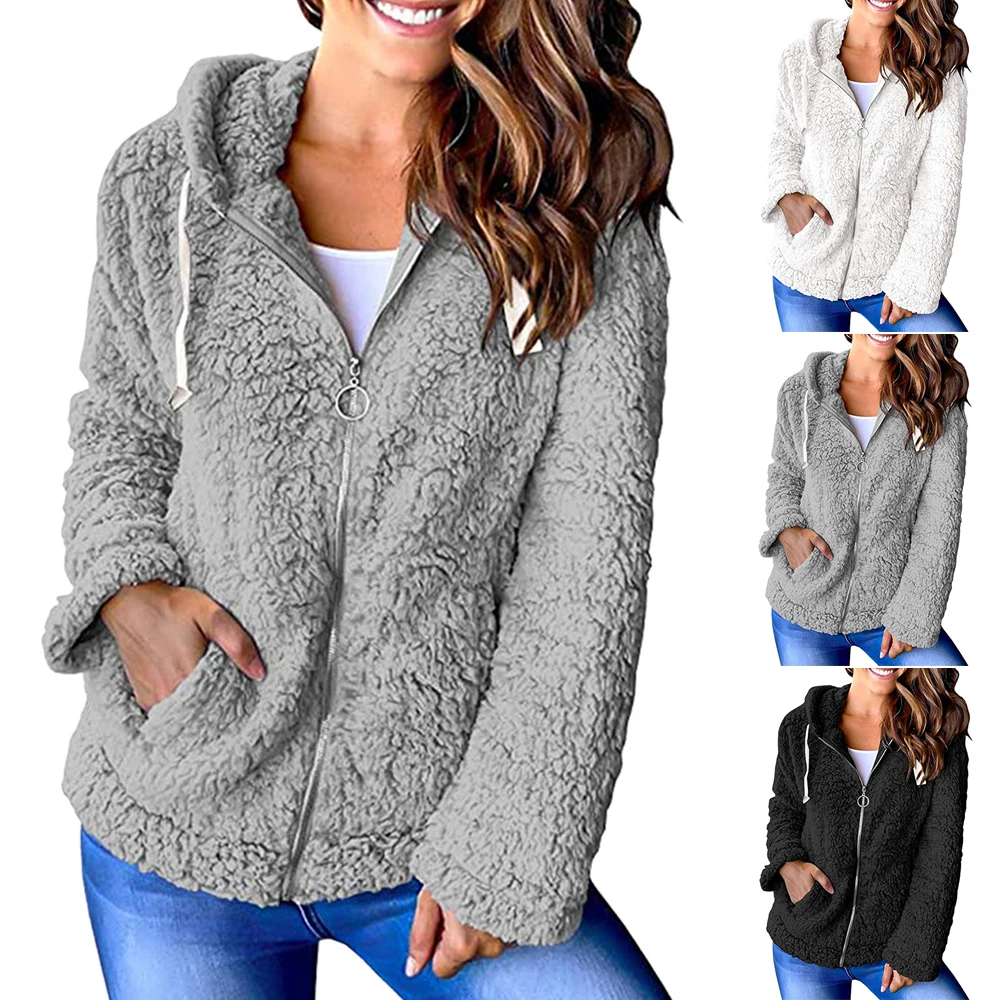 

Winter Faux Fur Coat Women Hooed Solid Pocket Long Sleeve Jacket Coat Women Clothing Ladies Jacket Zipper Coat Female Outwear