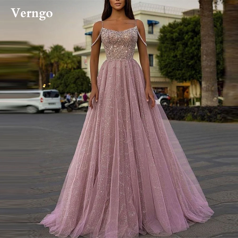 

Verngo Sparkly Glitter Beads Long Prom Dresses Dusty Pink Tulle Spaghetti Straps Floor Length Evening Gowns Lady Occasion Dress