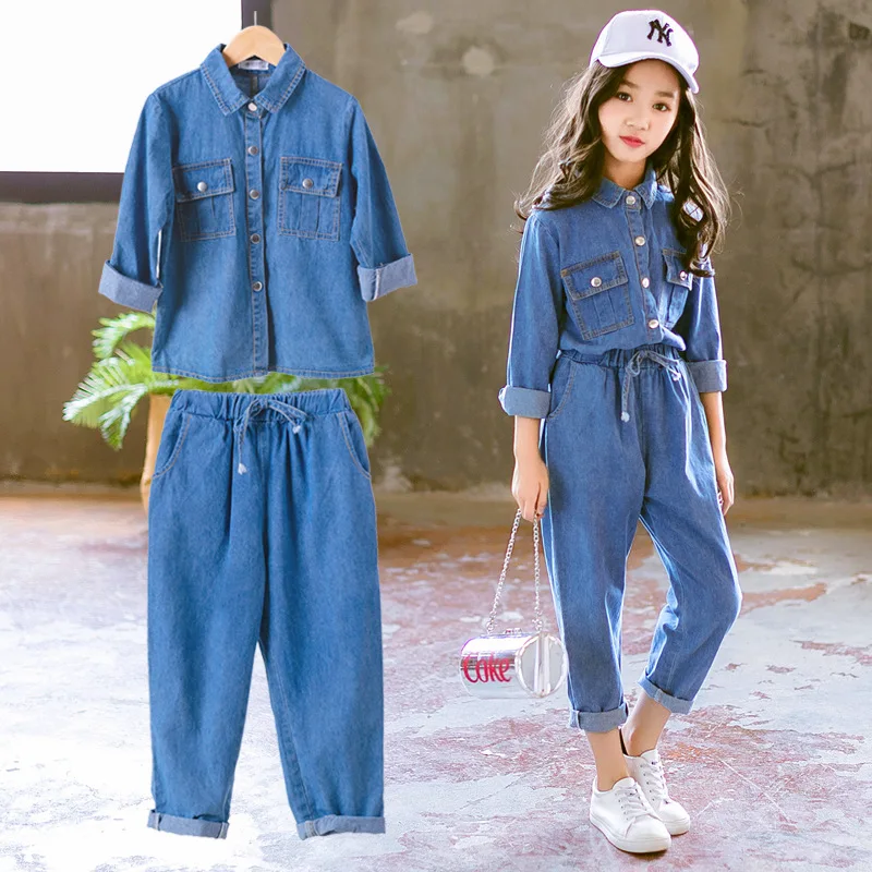 

Girl Denim Kids Clothing Set Casual Children 2 Piece Suit Solid Blue Jeans Tops + Pants Teenage Girl Set Spring Autumn Tracksuit