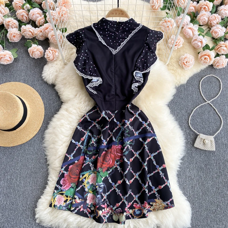 

Black Ruffles Floral Print Vintage Dress Women Summer Clothes Fashion Sleeveless Casual High Waist Party Vestidos Female Robe