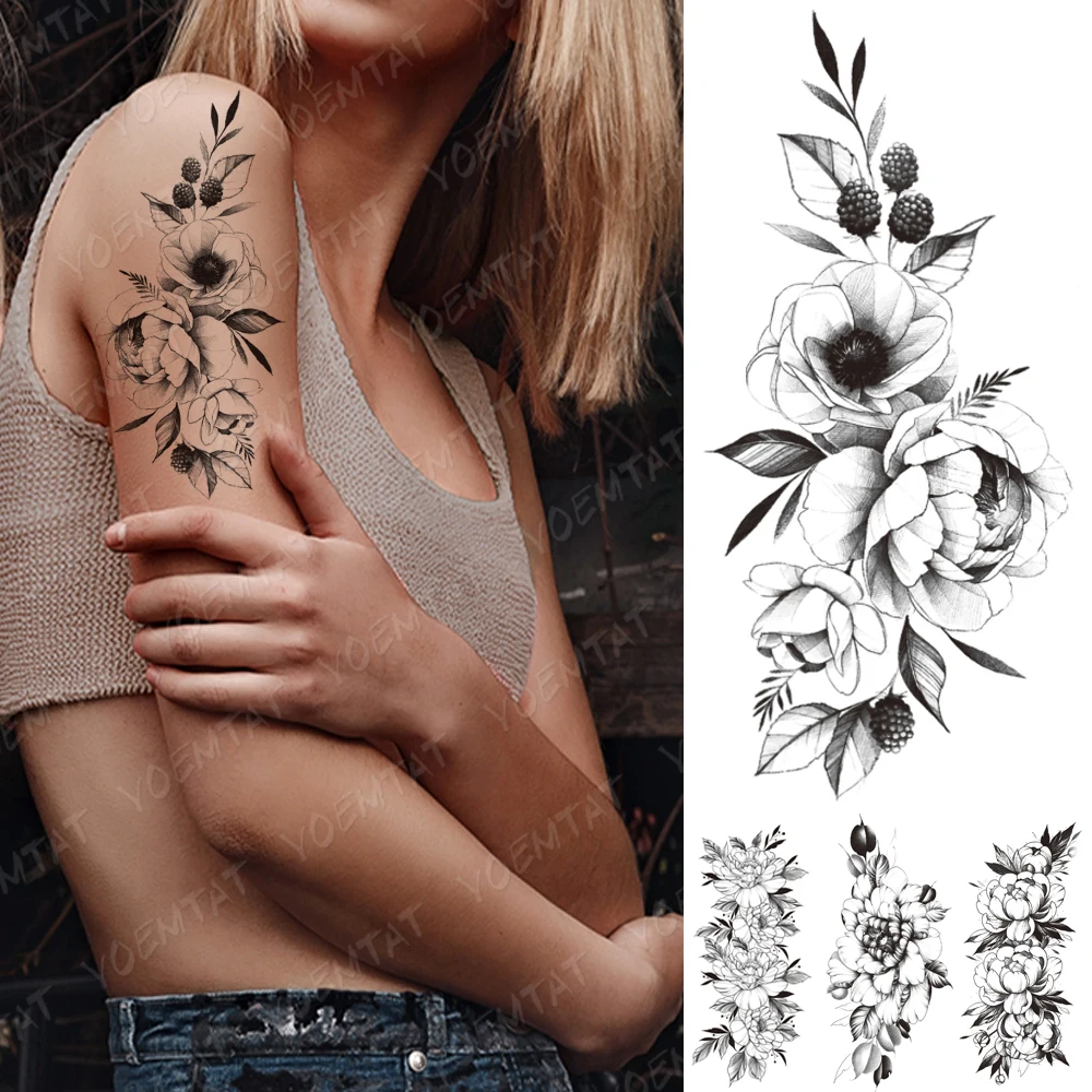 

Waterproof Temporary Tattoo Stickers Peony Flower Black Flash Tattoos Minimalist Sketch Body Art Arm Waist Thigh Fake Tatto Male