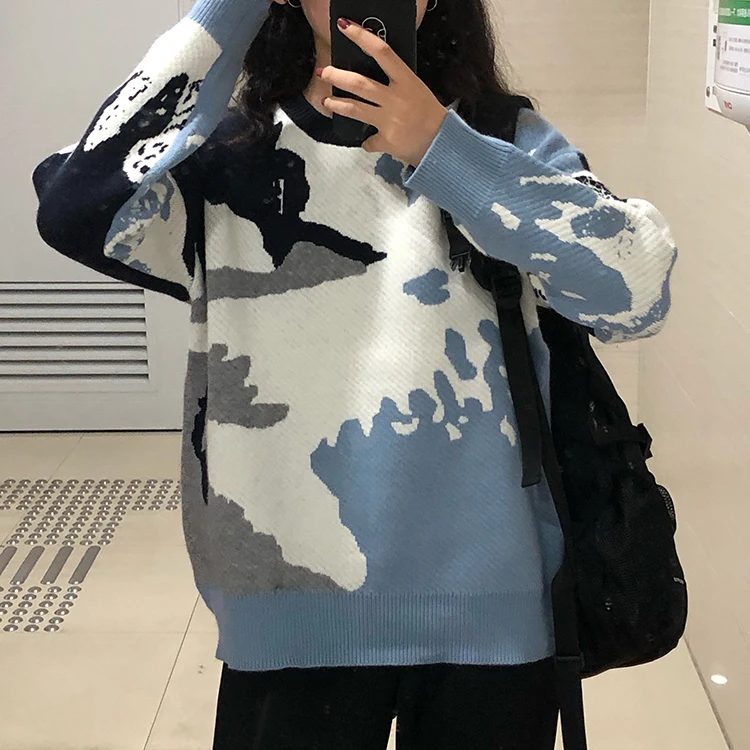 Женский вязаный свитер осенне-зимний в стиле Харадзюку Корейском с рисунком