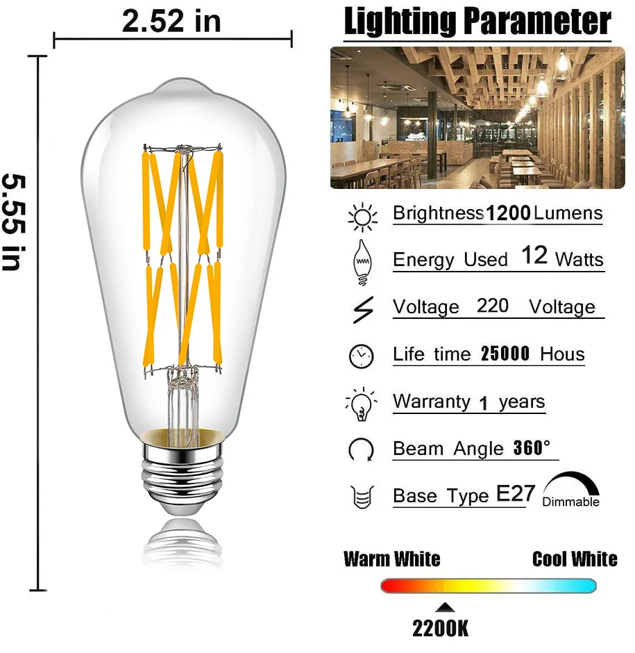 ST64 12 Вт 16 Эдисон светодиодный лампы накаливания 220V E27 старинные ретро Edison
