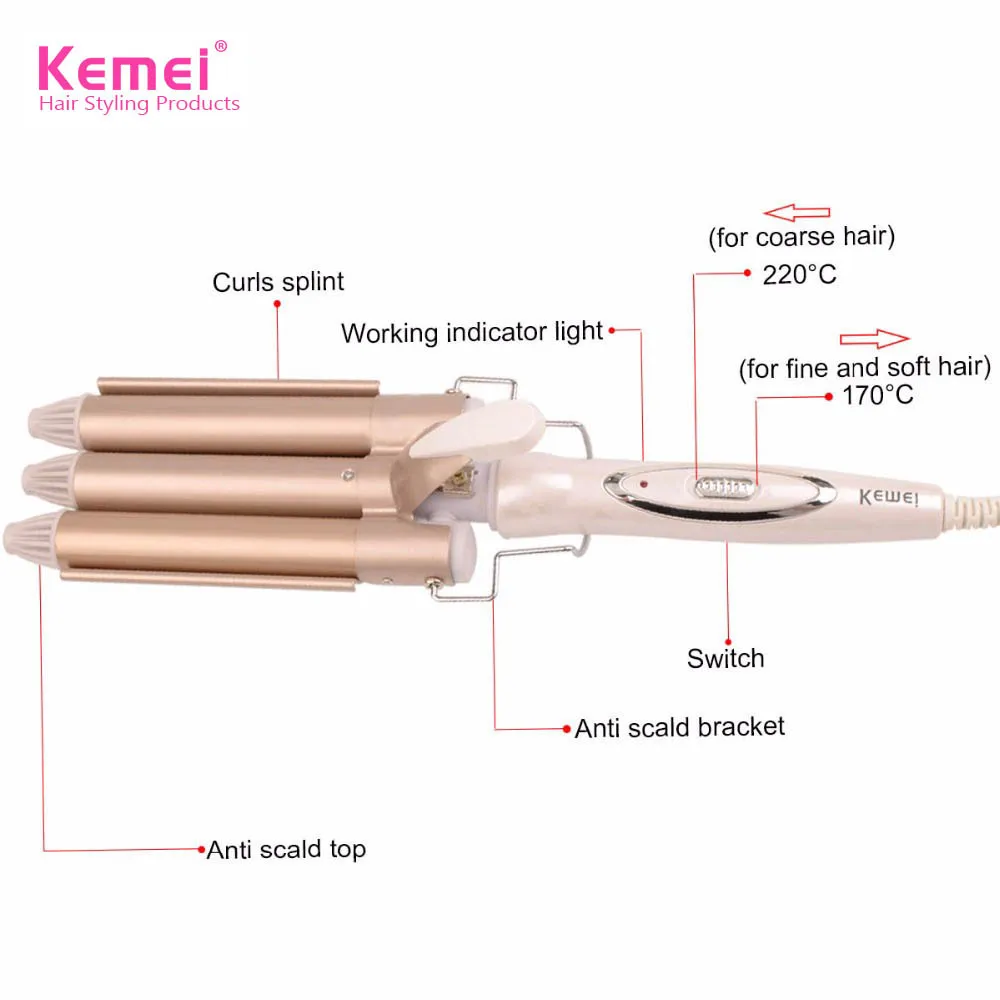 Kemei Km 1010 тройной 3 баррель керамический щипцы для завивки волос инструмент