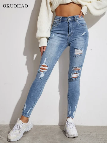 Light Blue Sexy Skinny Women Jeans Stretch Butt Lift Ripped Hole Denim Pants Lady Clothes Girls Tight Trousers Y2K Streetwear