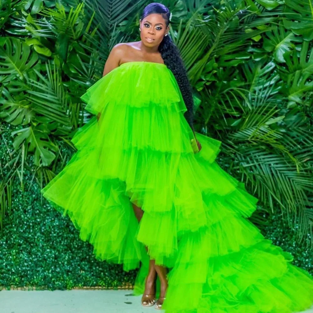 2022 Chic Tulle Skirts Hi Low Fluffy Tulle With Train Summer Dresses Women Fresh Green Tulle Summer Dress Maxi Gown Custom