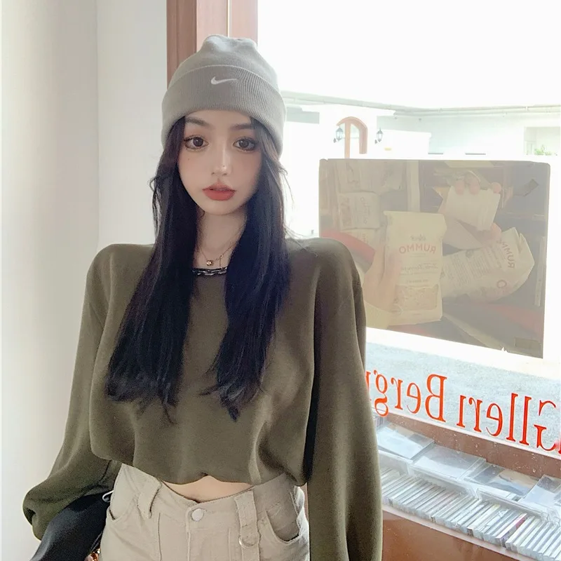 Женская короткая футболка WANYUCL свободная с круглым вырезом и длинным рукавом