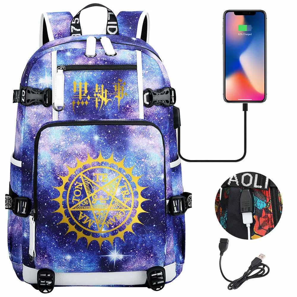 

Black Butler Usb Charging Backpack School Notebook Laptop Travel Waterproof Bags