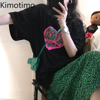 kimotimo two piece sets women korean chic all match o neck loose letter print t shirt vintage empire waist leopard long skirt