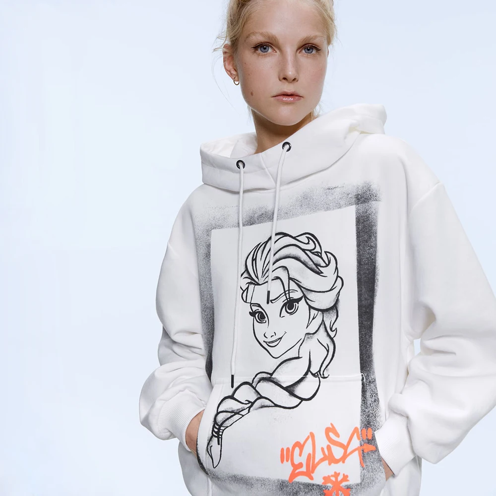 2019 Autumn and Winter Women's Pullover ZA Ice Romance Aisha Princess Print Adjustable Hooded Long-sleeved Sweatshirt Top | Женская