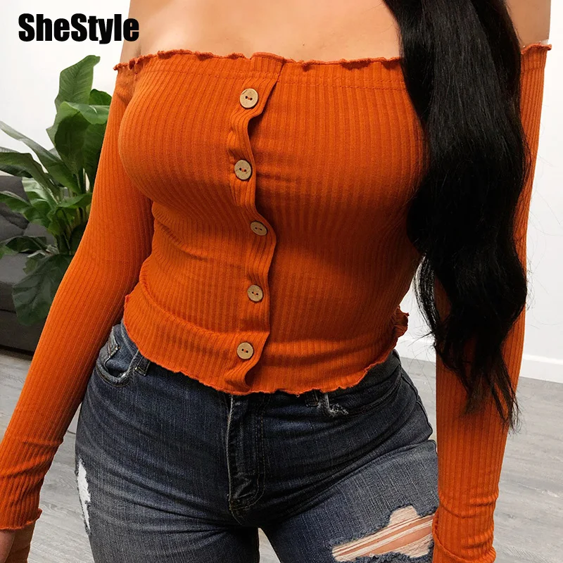 Женский Топик с вырезом лодочкой shstyle Осенний длинными рукавами и открытыми